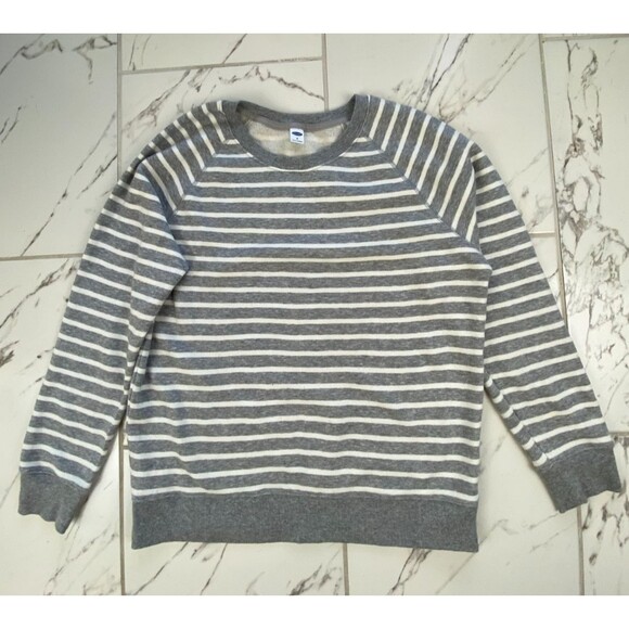 Old Navy Tops - Old Navy Womens Medium Grey White Striped Fleece Crewneck Sweatshirt Pullover